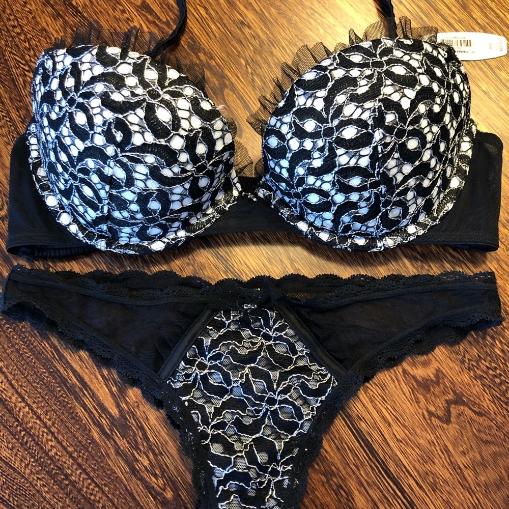 Lace Embroidered Black & White Push-Up Bra and Panty Set